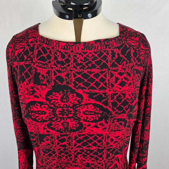 AB Studio Dress Women's 14 Red Black Aztec Floral Pattern Bodycon Long Sleeve - Picture 2 of 16